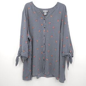 Catherines button up top Plus Size 3X blue stripe butterfly 3/4 tie sleeves‎